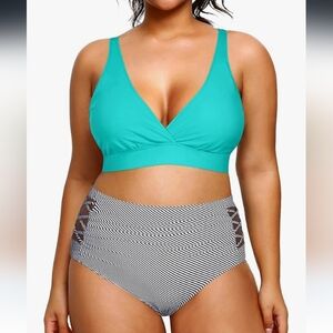 Yonique Teal & Black/White Strip High Waisted Two Piece Swimsuit Size 16 NWOT